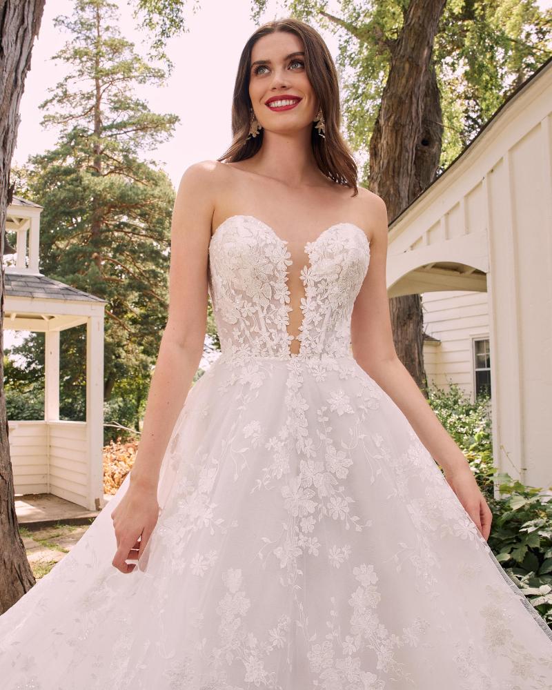 La22108 simple strapless wedding dress with lace and plunging neckline3
